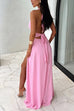 Febedress Deep V Neck Halter Tie Knot Backless Slit Maxi Dress