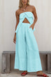 Febedress Strapless Ruffle Slit Top Elastic Waist Wide Leg Pants Set