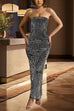 Febedress Strapless Tube Back Slit Rhinestone Maxi Party Dress