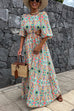 Febedress Puff Sleeves Backless Lace-up Printed Maxi Vacation Dress