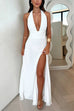 Febedress Deep V Neck Halter Tie Knot Backless Slit Maxi Dress