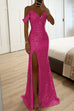 Febedress V Neck Cold Shoulder High Slit Sequin Maxi Prom Dresses