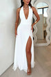 Febedress Deep V Neck Halter Tie Knot Backless Slit Maxi Dress