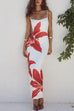 Febedress Spaghetti Strap Back Slit Lily Print Bodycon Maxi Dress