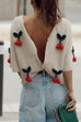 Febedress Short Sleeves Button Up Cherry Decorative Knit Sweater