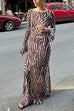 Febedress Boat Neck Bell Sleeves Animal Print Maxi Dress