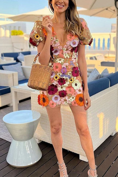 Febedress V Neck Puff Sleeves Embroidered Floral Mini Dress