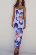 Febedress Spaghetti Strap Back Slit Lily Print Bodycon Maxi Dress