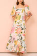 Febedress Square Collar Puff Sleeves Floral Print Cotton Linen Ruffle Maxi Dress