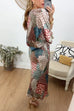 Febedress 3/4 Sleeves Button Up Top and High Waist Maxi Skirt Printed Set