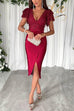 Febedress V Neck Ruffle Sleeves Slit Sequin Midi Party Dress