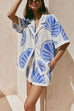 Febedress V Neck Short Sleeves Shirt and Drawstring Waist Shorts Seashell Print Set