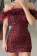 Febedress Off Shoulder Feather Trim Sequin Mini Party Dress