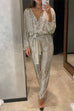 Febedress Wrap V Neck Tie Waist Sequin Jumpsuit