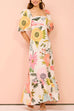 Febedress Square Collar Puff Sleeves Floral Print Cotton Linen Ruffle Maxi Dress