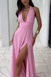 Febedress Deep V Neck Halter Tie Knot Backless Slit Maxi Dress