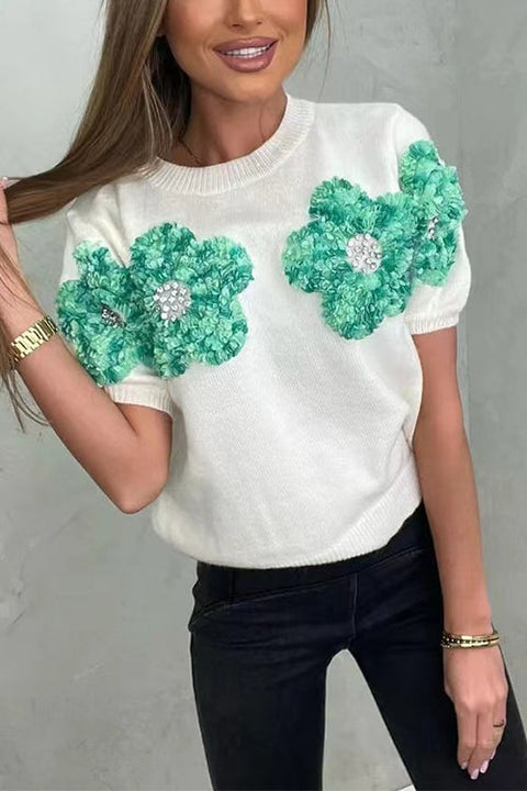 Febedress Crewneck Short Sleeves 3D Flower Sweater Top