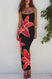 Febedress Spaghetti Strap Back Slit Lily Print Bodycon Maxi Dress