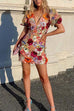 Febedress V Neck Puff Sleeves Embroidered Floral Mini Dress