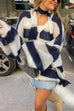 Febedress Lantern Sleeves Button Down Color Block Stripes Sweater with Scarf