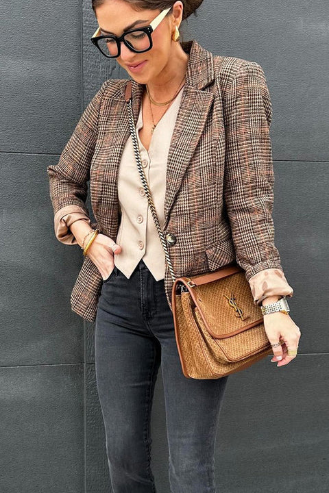 Febedress Lapel Single Button Classic Plaid Blazer