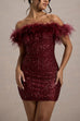 Febedress Off Shoulder Feather Trim Sequin Mini Party Dress