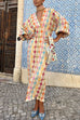 Febedress V Neck Lantern Sleeves Geometric Print Maxi Dress