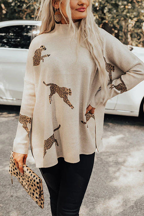 Febedress High Neck Side Slit Cheetah Pattern Sweater