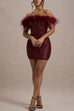 Febedress Off Shoulder Feather Trim Sequin Mini Party Dress