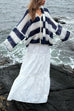 Febedress Lantern Sleeves Button Down Color Block Stripes Sweater with Scarf