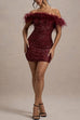 Febedress Off Shoulder Feather Trim Sequin Mini Party Dress