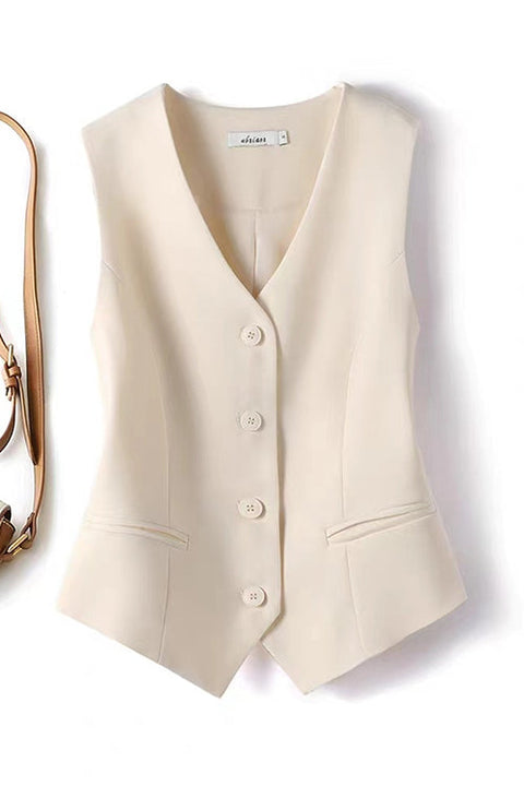 Febedress V Neck Button Up Pocketed Blazer Vest