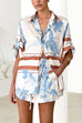 Roll Up Sleeves Curve Hem Shirt and Drawstring Waist Shorts Printed Set