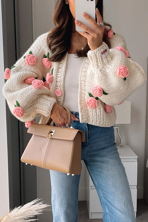 Febedress Button Down Flower Applique Sweater Cardigan