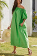 Febedress Off Shoulder Puff Sleeves Pocketed Baggy Midi Dress