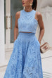 Febedress Lace Hollow Out Crewneck Crop Tank Top High Waist Maxi Swing Skirt Set