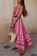 Febedress Tassel Crochet Hollow Out Splice Printed Ruffle Maxi Cami Dress