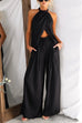 Halter Slit Top Tie Waist Pocketed Wide Leg Pants Set