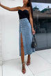 Febedress Button Down Slit Midi Denim Skirt