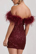 Febedress Off Shoulder Feather Trim Sequin Mini Party Dress