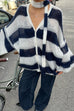 Febedress Lantern Sleeves Button Down Color Block Stripes Sweater with Scarf