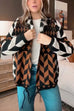 Febedress Button Down Drawstring Hem Geometric Pattern Sweater Cardigan