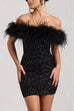 Febedress Off Shoulder Feather Trim Sequin Mini Party Dress