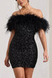 Febedress Off Shoulder Feather Trim Sequin Mini Party Dress