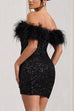 Febedress Off Shoulder Feather Trim Sequin Mini Party Dress