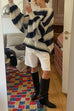 Febedress Lantern Sleeves Button Down Color Block Stripes Sweater with Scarf