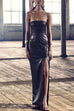 Febedress Strapless High Slit Faux Leather Bodycon Maxi Dress