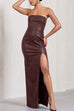 Febedress Strapless High Slit Faux Leather Bodycon Maxi Dress