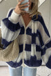 Febedress Lantern Sleeves Button Down Color Block Stripes Sweater with Scarf