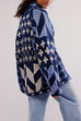 Febedress Button Down Drawstring Hem Geometric Pattern Sweater Cardigan